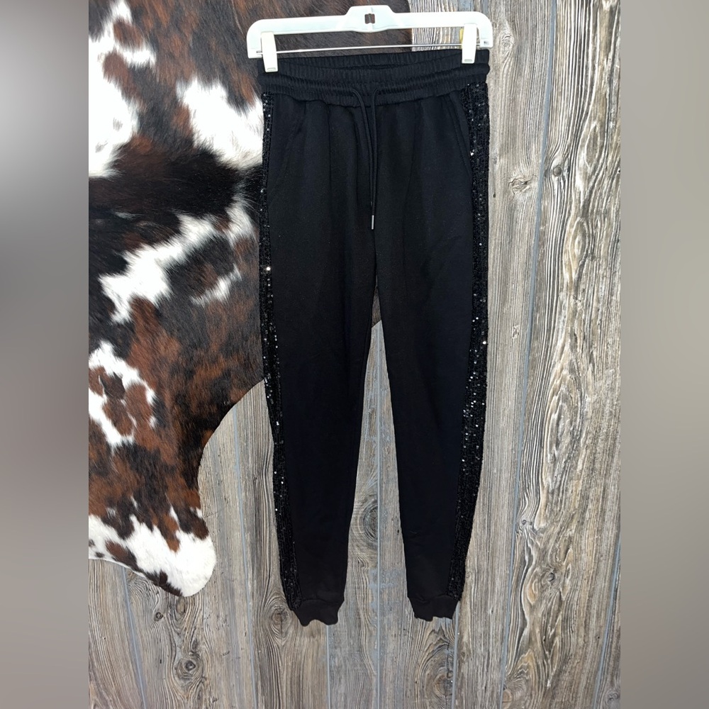 All at once size small black with black sequins down the side joggers nwot